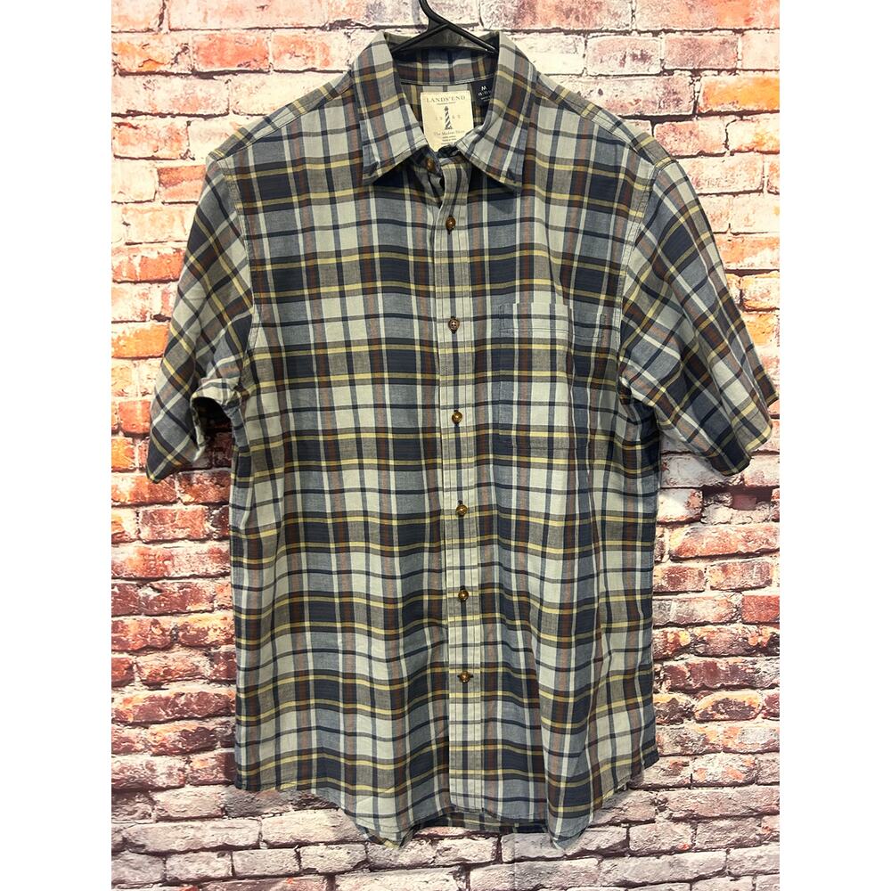 Lands End blue plaid madress shirt short sleeve button down men's size medium